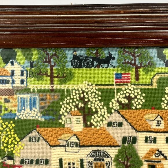 Framed 1981 Folk Art Needlepoint Horse Buggy Country Scene Signed 22.5"x19" Vtg - Picture 3 of 16